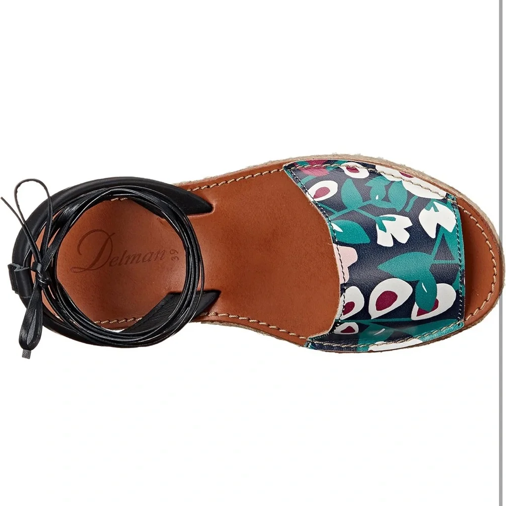 Delman Floral Espadrille Platform Sandals | Ankle Tie | Size 8